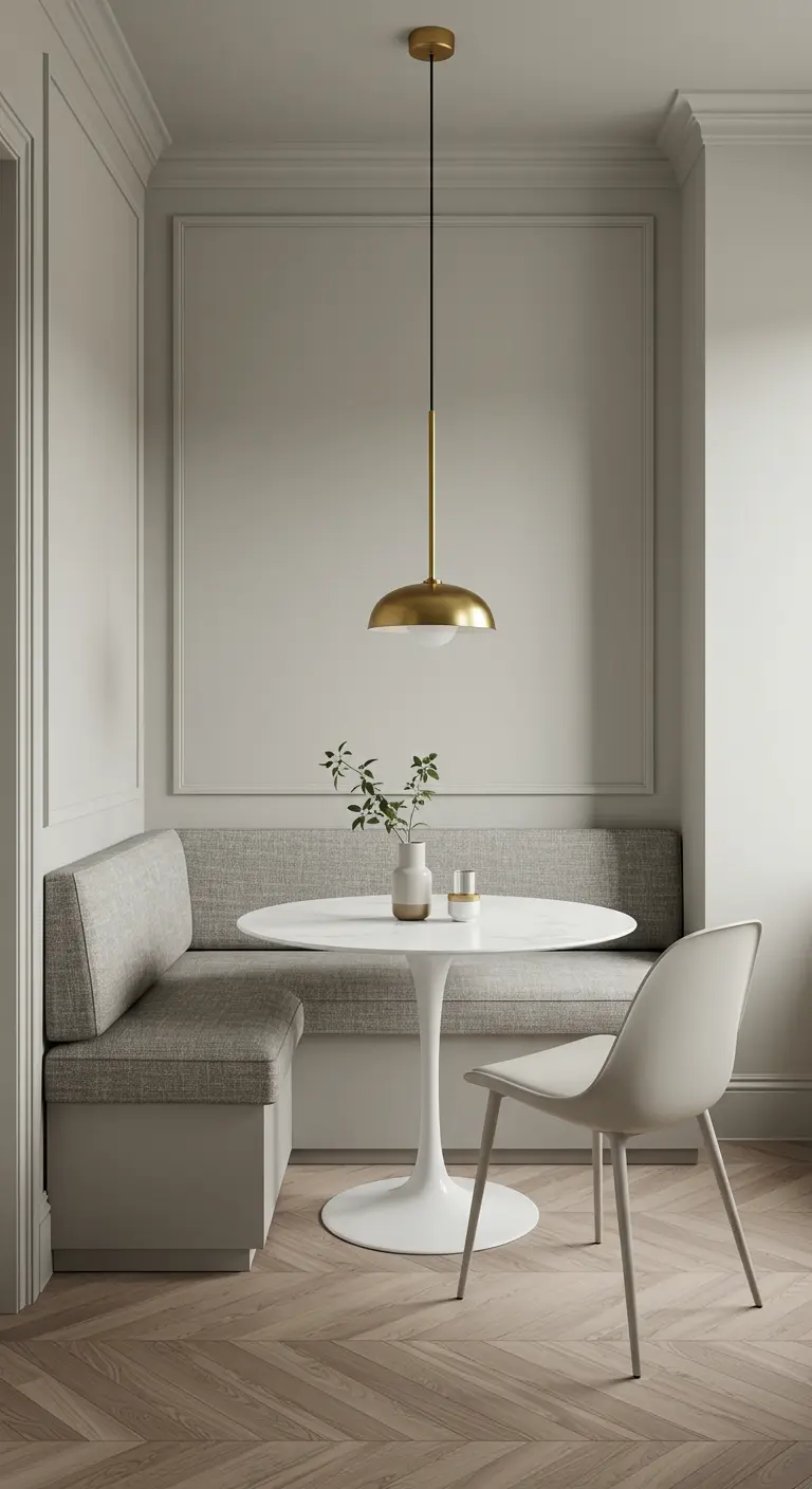 Rincón de comedor con banco esquinero gris, mesa redonda blanca y lámpara dorada.