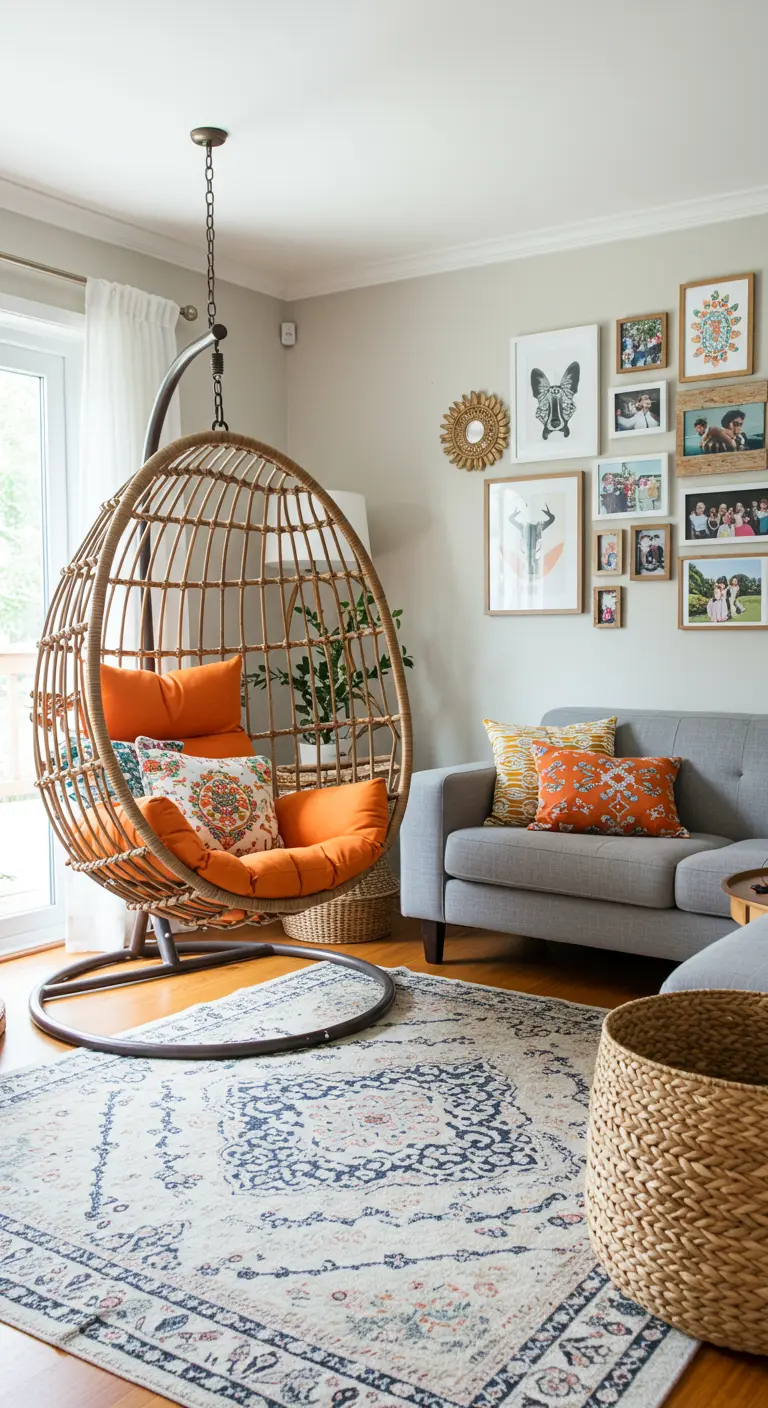Sillón de ratán con cojines naranjas junto a un sofá gris y una pared con fotos familiares.