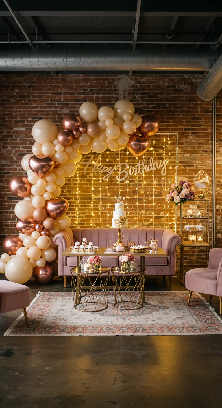 Arco de globos orgánicos en tonos crema y oro rosa con un letrero de neón 'Happy Birthday'.