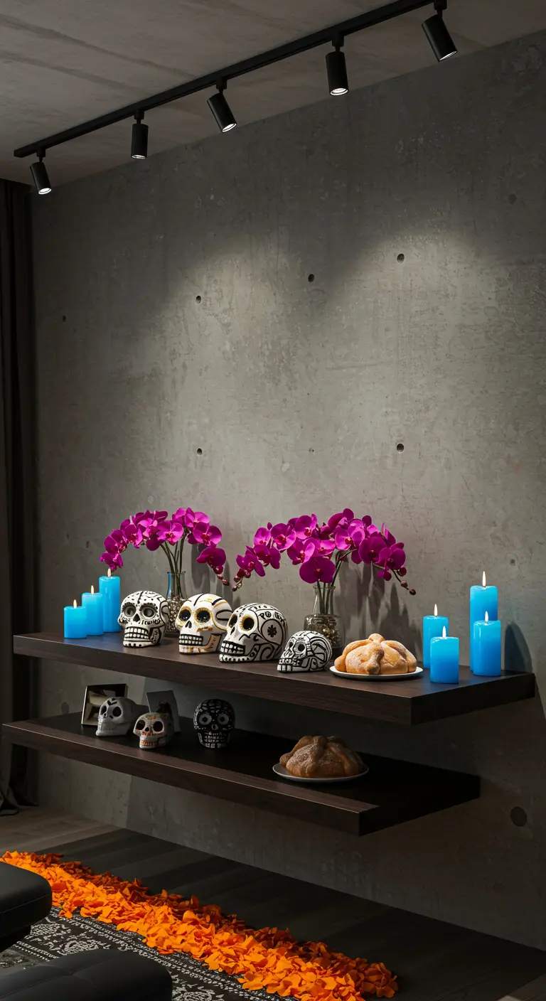 Altar moderno con calaveras blancas y negras, orquídeas fucsias y velas azules.