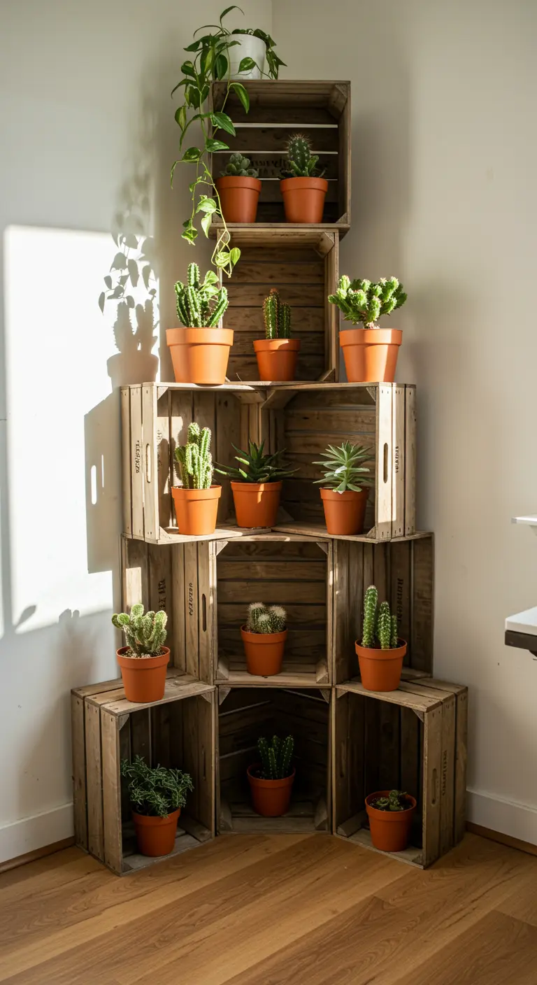 Cajas de vino apiladas en una esquina para crear un soporte para plantas.