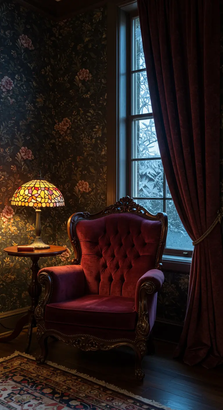 Sillón de terciopelo rojo en una esquina oscura con papel pintado floral y una lámpara Tiffany.