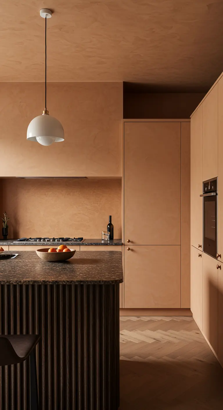 Cocina en tonos tierra con una isla de madera acanalada en color oscuro.