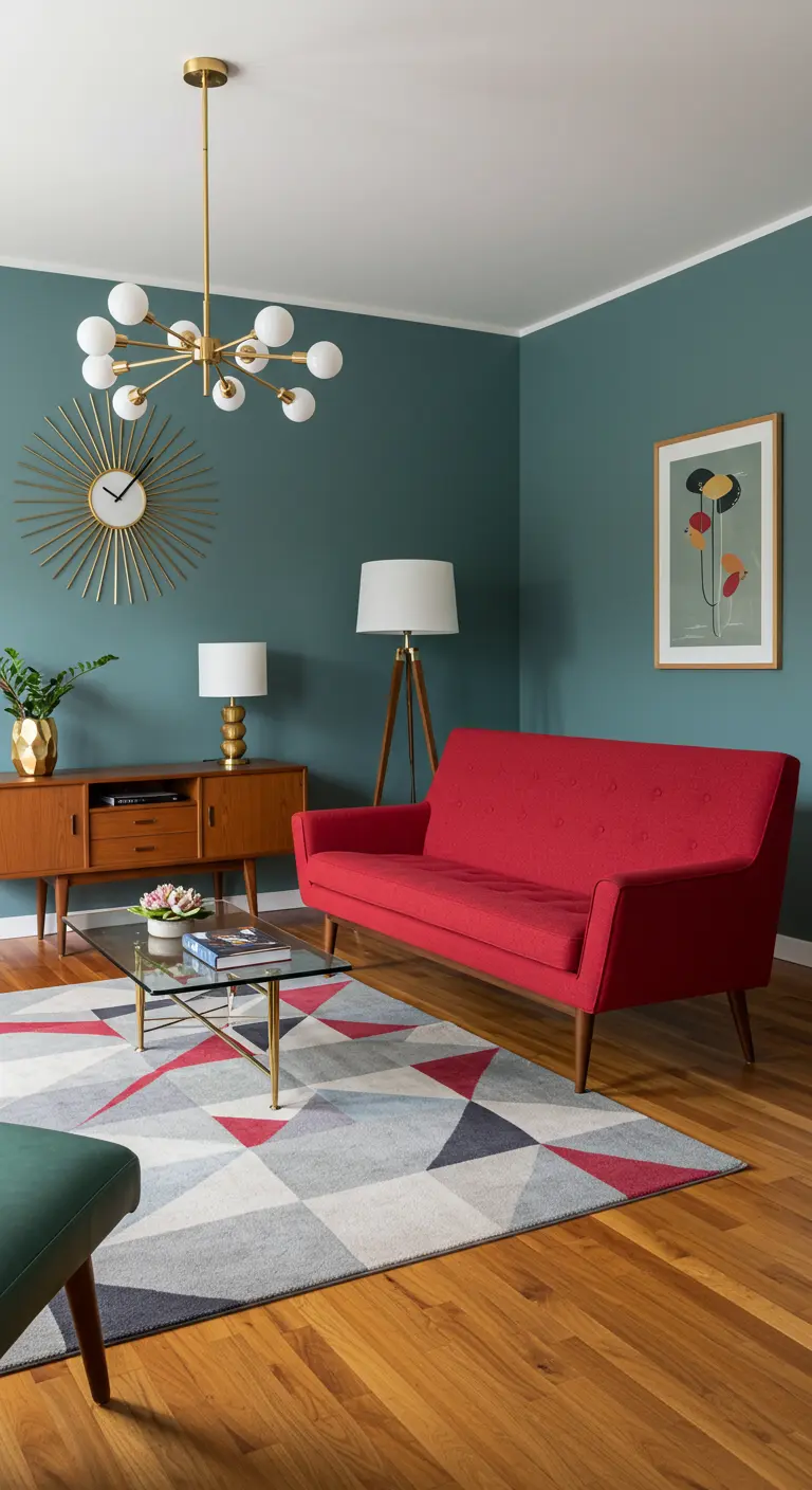Sofá rojo de estilo Mid-Century en una sala con paredes verde azulado y detalles dorados