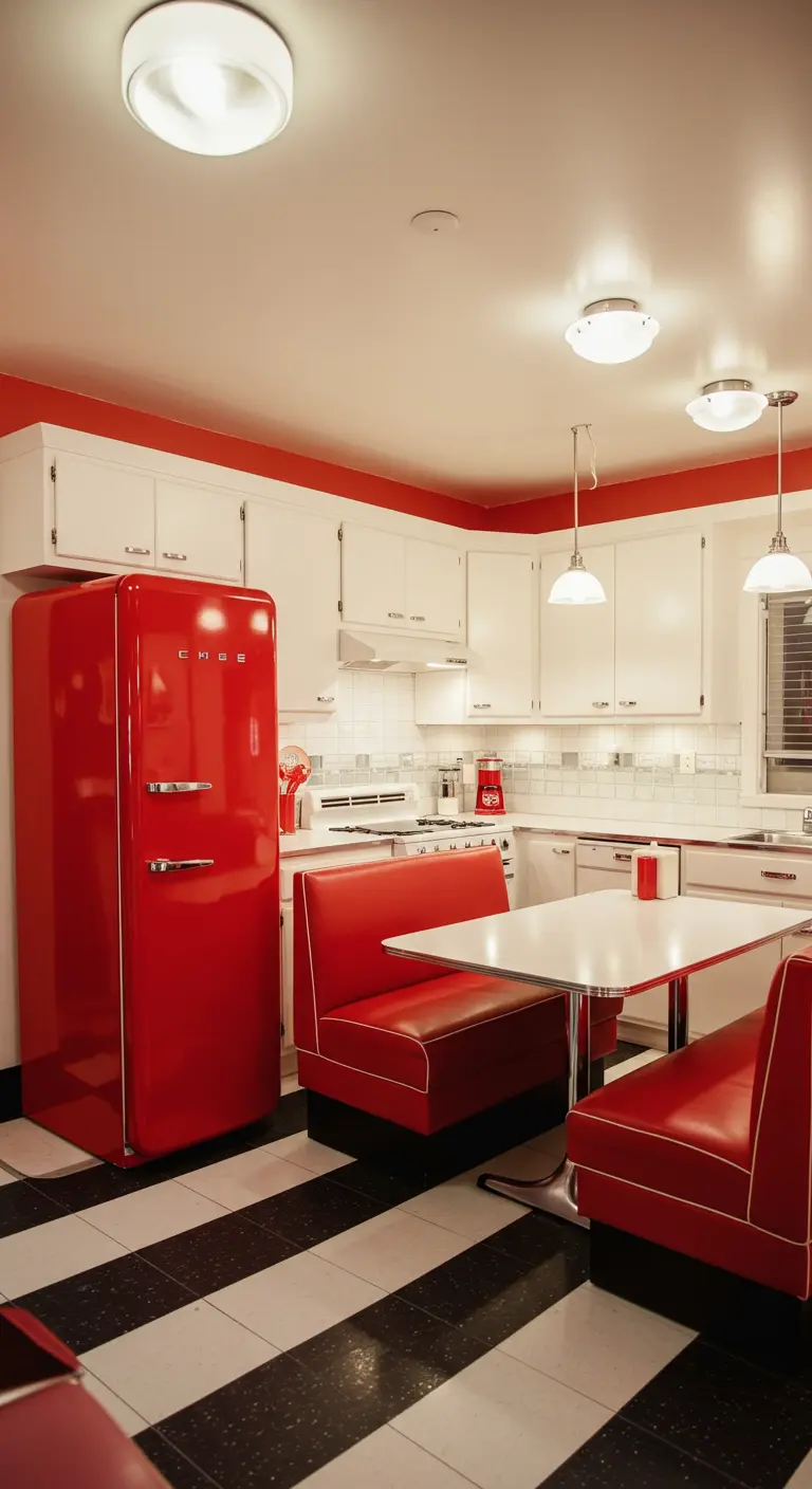 Cocina retro estilo diner con frigorífico rojo, asientos de cabina y suelo de damero.