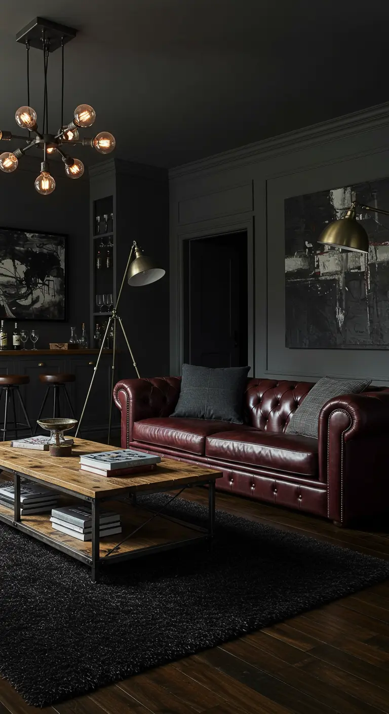 Sofá Chesterfield de cuero oxblood en una sala de estar oscura y masculina con paredes grises