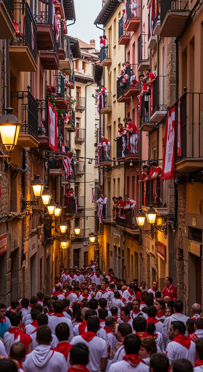 Multitud vestida de blanco y rojo en una calle estrecha durante una fiesta popular.