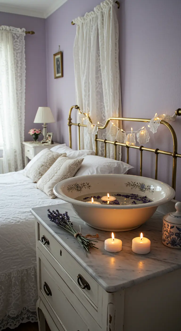 Dormitorio shabby chic con paredes lavanda y una palangana de porcelana con lavanda y velas.