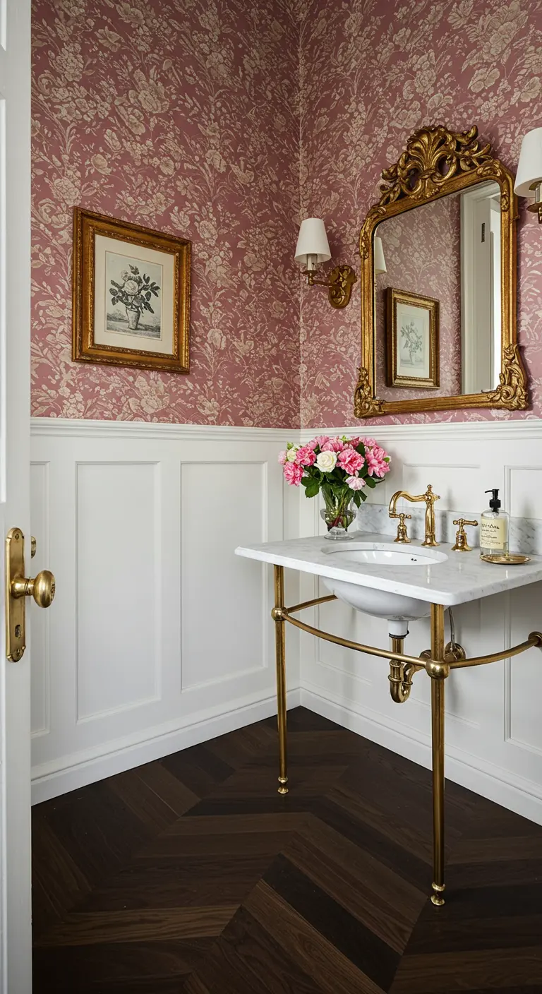 Baño de estilo vintage con papel pintado floral rosa y espejo dorado ornamentado.