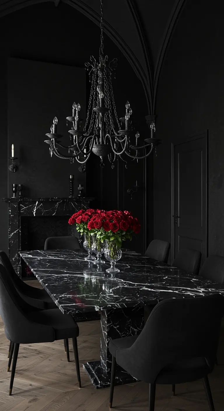 Comedor gótico totalmente negro con sillas de terciopelo, mesa de mármol y un ramo de rosas rojas