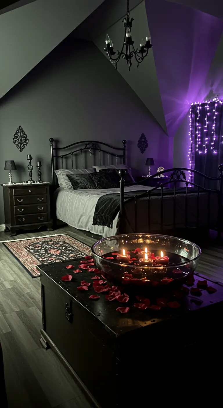 Dormitorio gótico con cama de hierro negro, luces moradas y un cuenco con pétalos rojos.