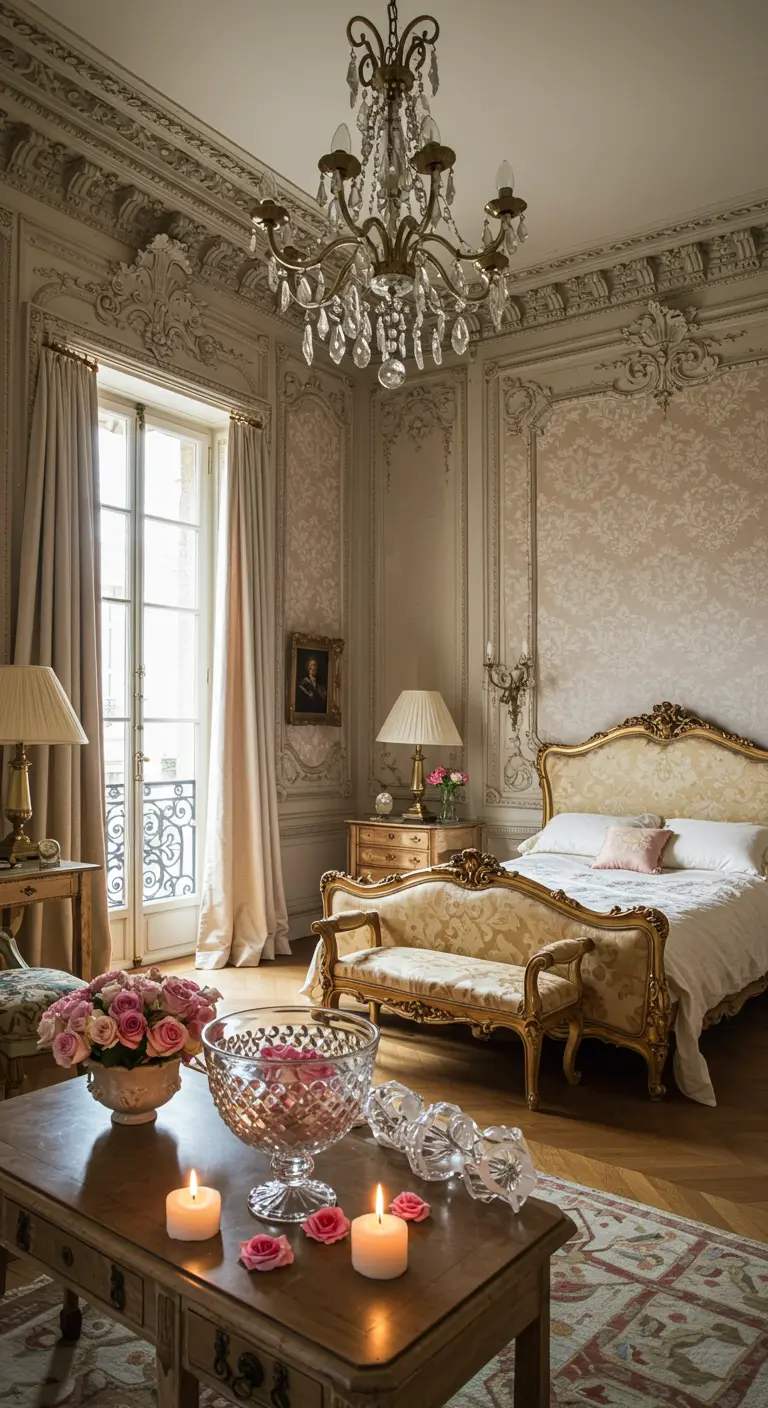 Dormitorio de estilo parisino con muebles dorados y un cuenco de cristal con velas.