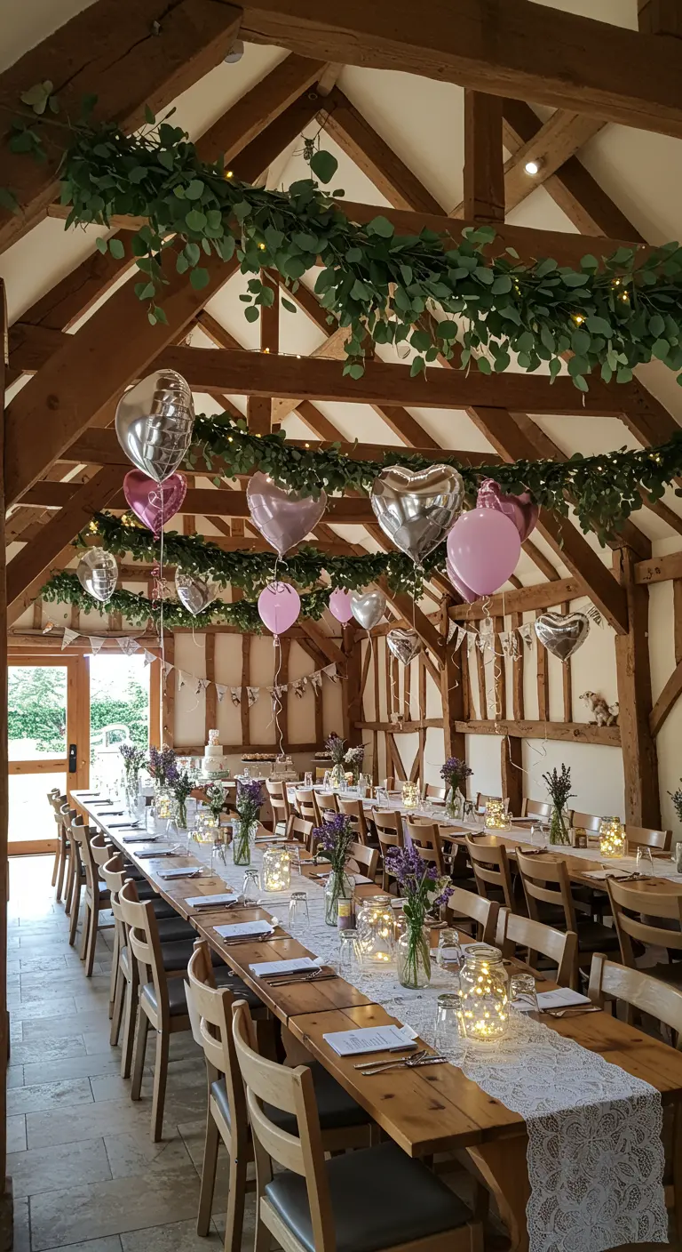 Globos de corazón metálicos flotando sobre mesas de madera en un granero rústico.