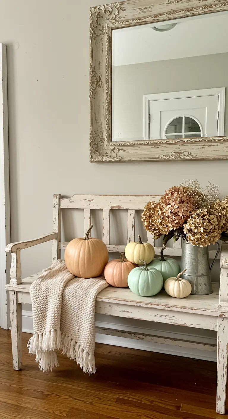 Banco blanco decapado con calabazas en tonos pastel, una manta y un jarrón con hortensias secas.