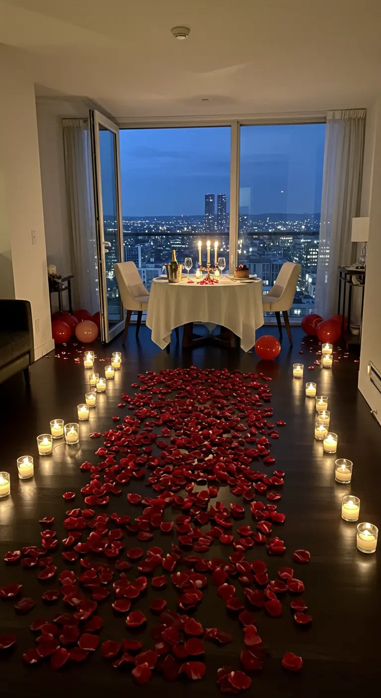 Camino de pétalos de rosa roja que lleva a una mesa para cenar frente a un ventanal con vistas a la ciudad.
