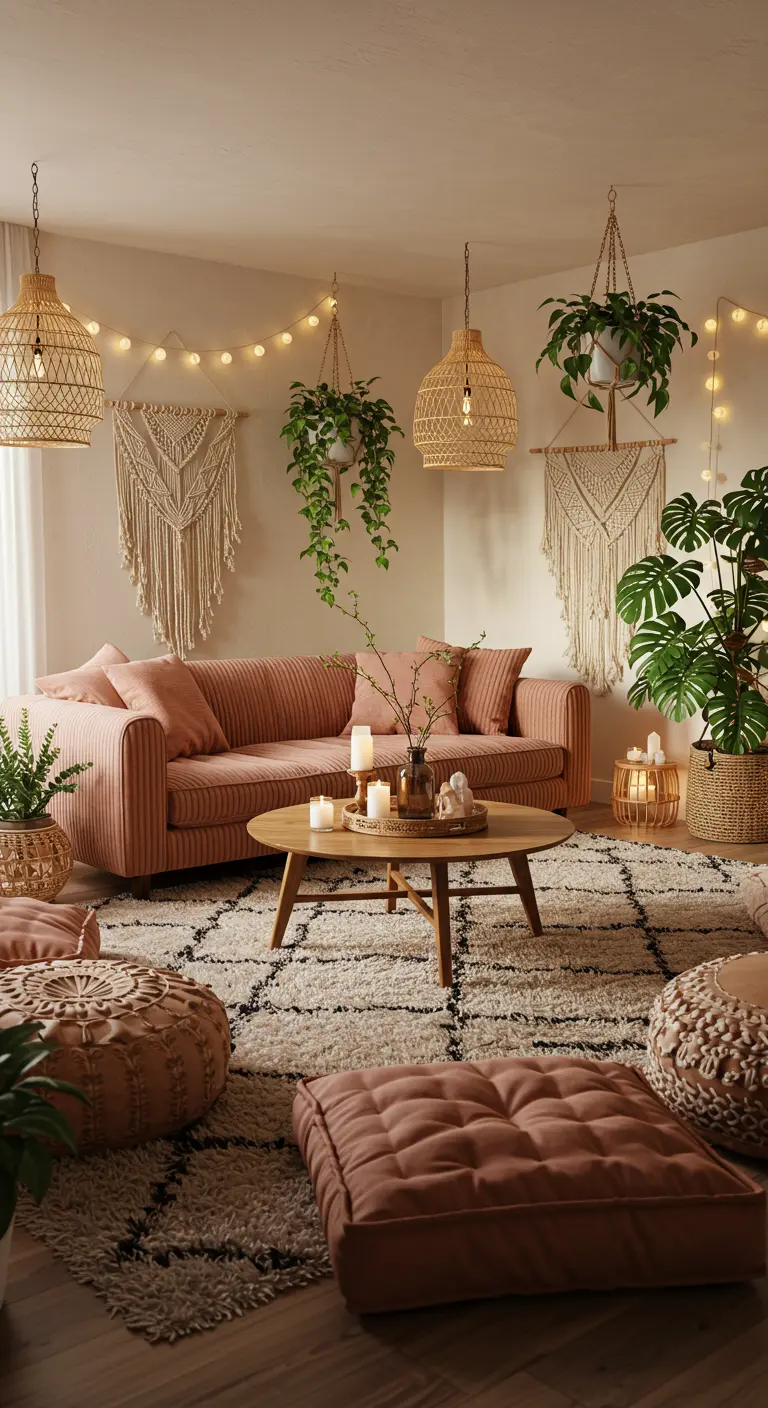 Sofá rosa de pana en una sala de estar bohemia con macramé, plantas y lámparas de mimbre