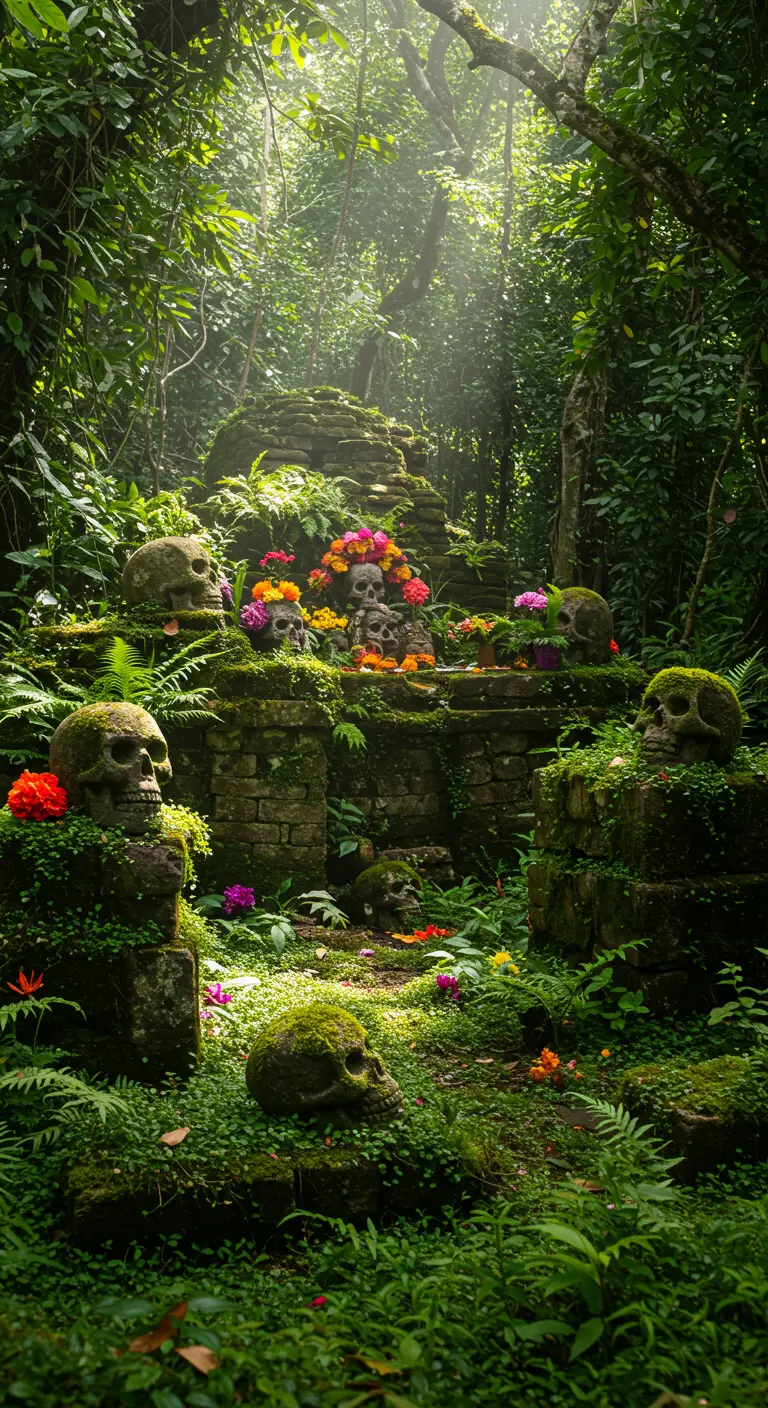 Calaveras de piedra cubiertas de musgo entre ruinas en la selva, con flores.