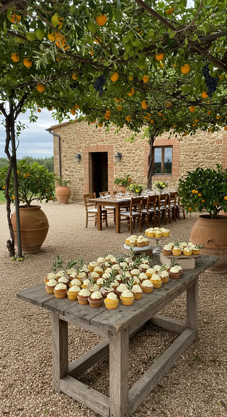 Cupcakes decorados con hojas de olivo sobre una mesa de madera rústica bajo limoneros.