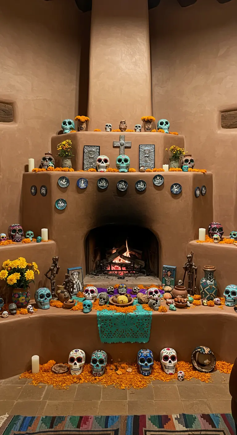 Altar de varios niveles construido alrededor de una chimenea de adobe.