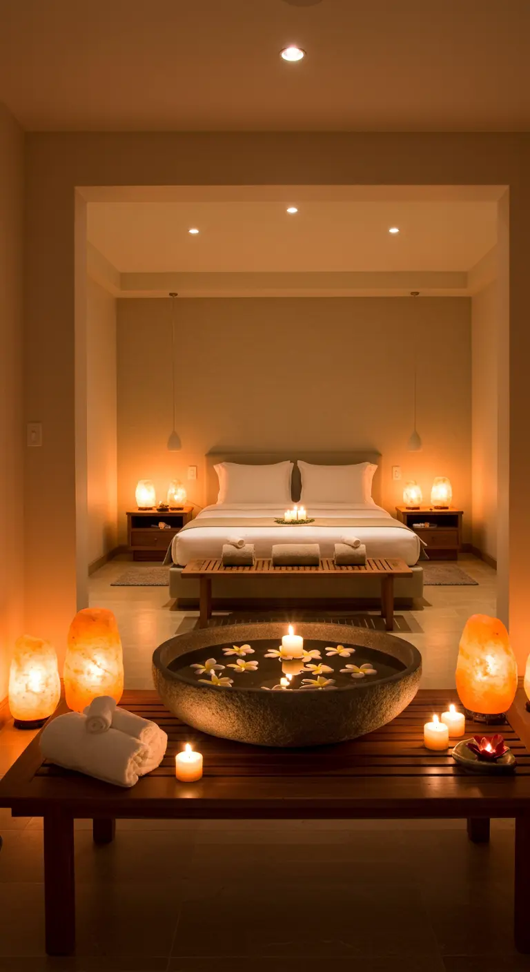 Dormitorio estilo spa con lámparas de sal y un cuenco de piedra con flores y velas.