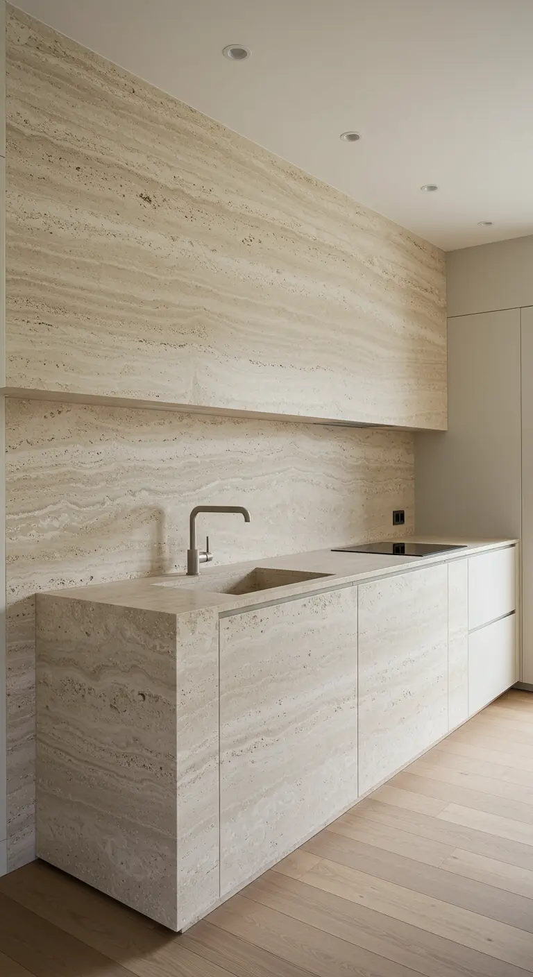 Cocina minimalista completamente revestida de piedra travertino.