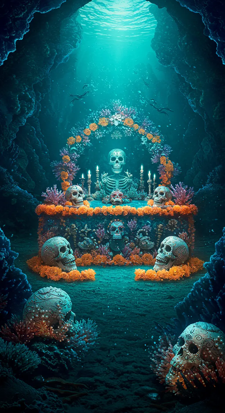 Altar submarino con un esqueleto, calaveras decoradas, corales y flores.