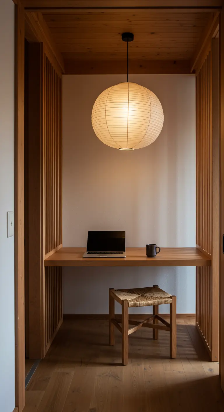 Rincón de trabajo de estilo japonés con escritorio de madera y una gran lámpara de papel esférica.