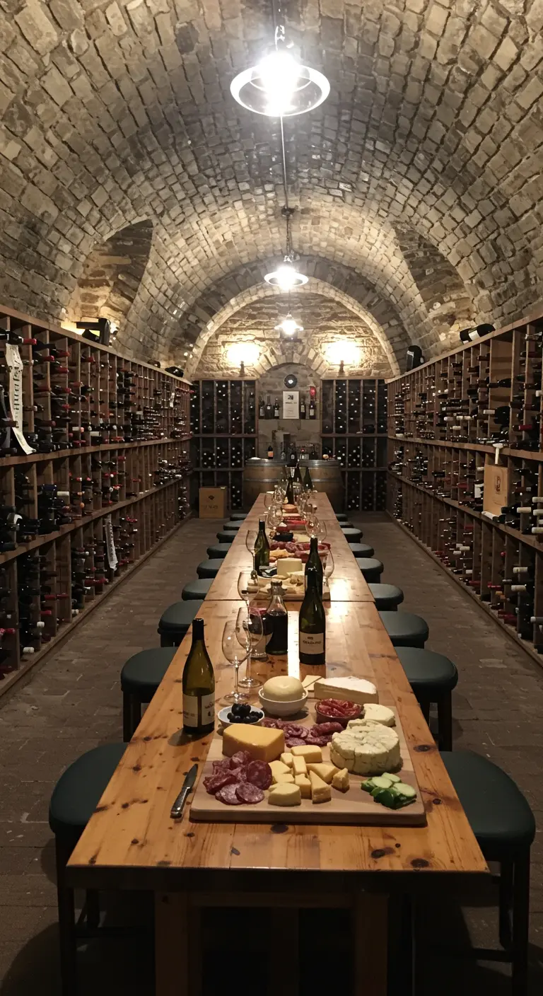Mesa larga de madera para una cata de vino en una bodega de piedra.