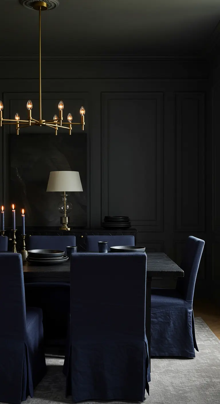 Comedor elegante con paredes oscuras, mesa negra y sillas tapizadas en lino azul marino.