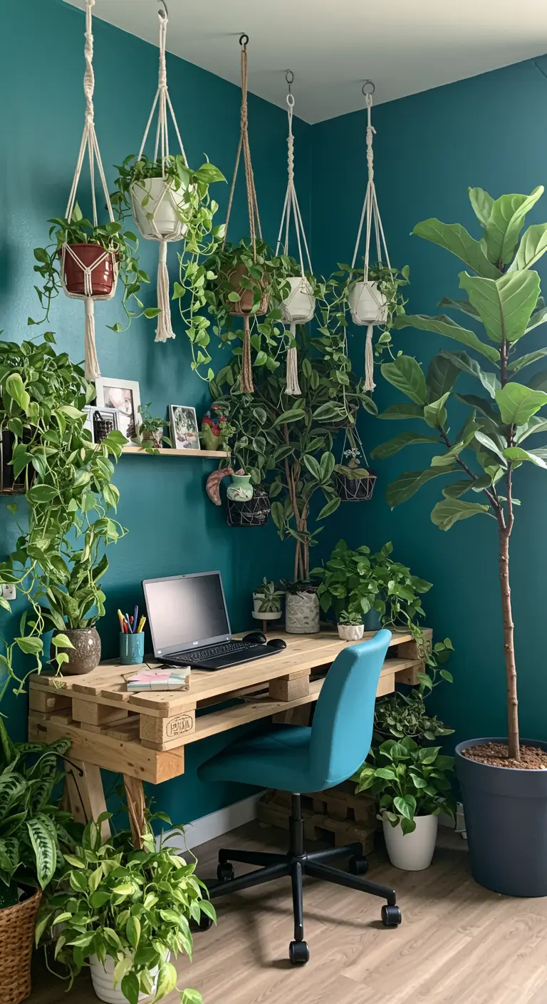 Oficina en casa con escritorio de palets y rodeada de numerosas plantas colgantes y de pie.