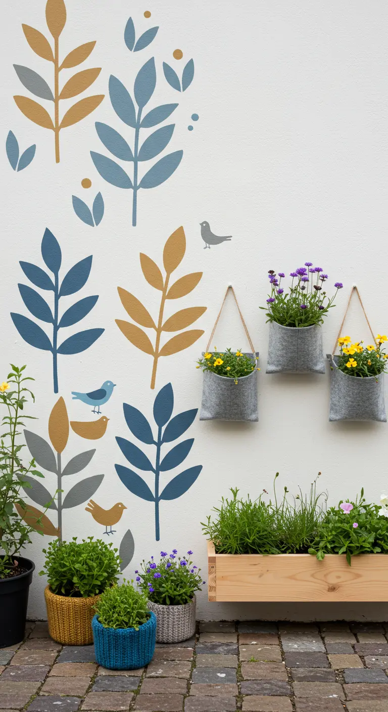 Pared blanca con un mural de hojas y pájaros hecho con plantillas y macetas de fieltro y ganchillo