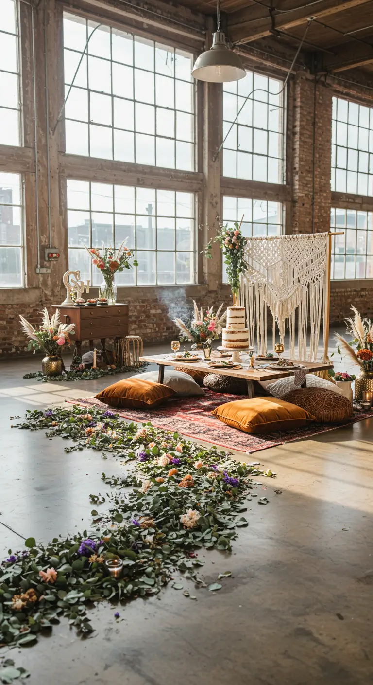 Un camino desestructurado de hojas y flores variadas en el suelo de un loft industrial de estilo bohemio.