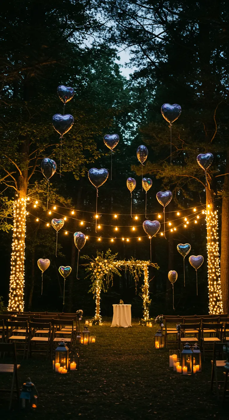 Ceremonia nocturna en un bosque con guirnaldas de luces y globos de corazón flotantes.