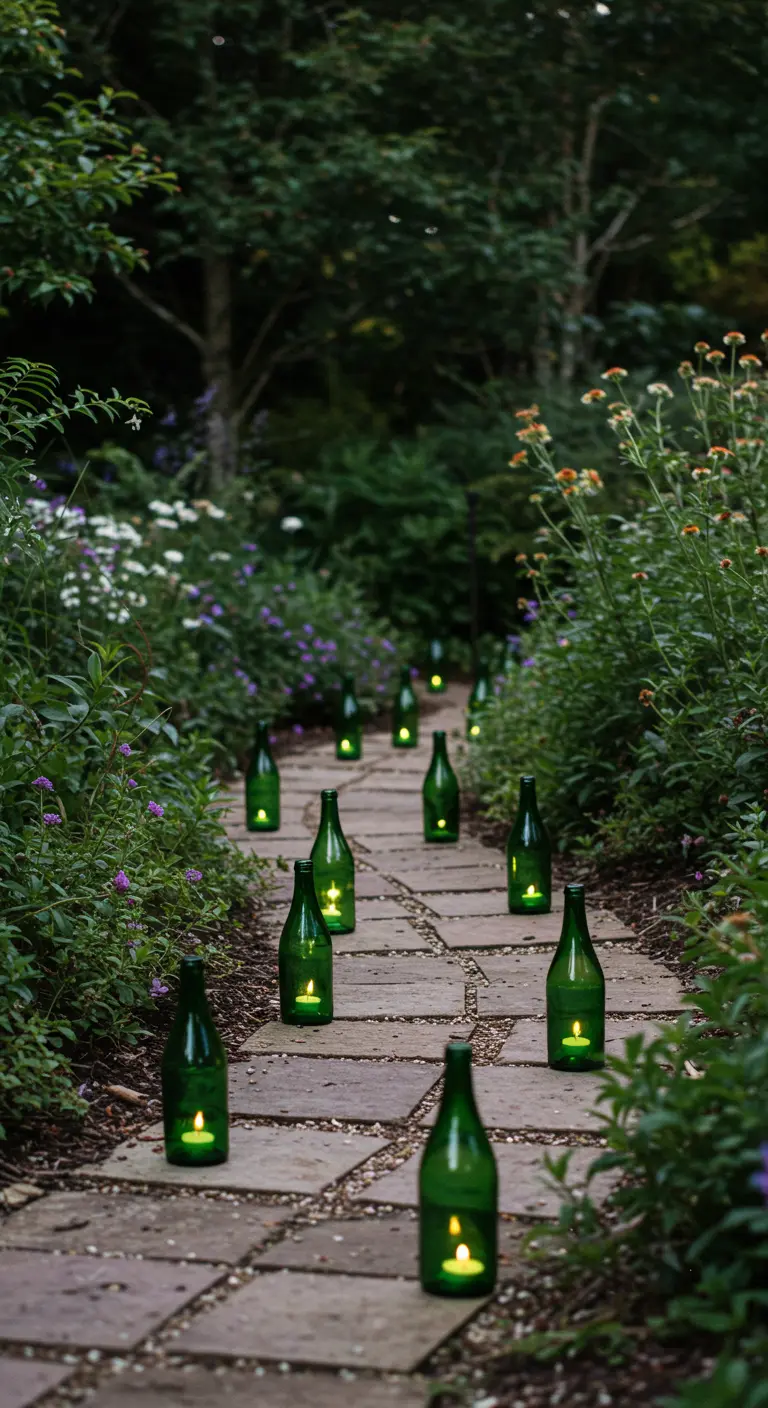 Camino de jardín de piedra iluminado por velas dentro de botellas de vino verdes.
