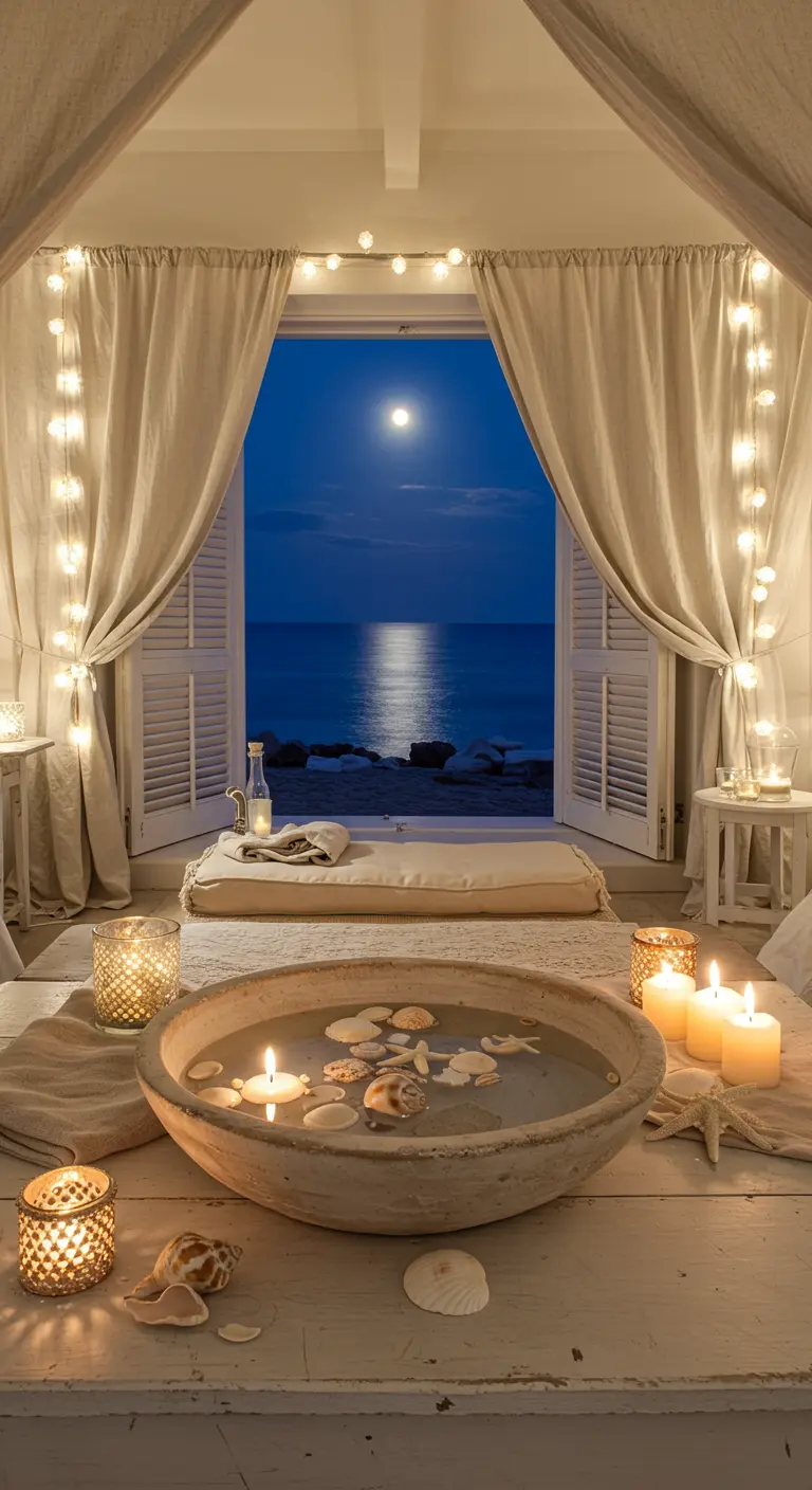 Dormitorio con vistas al mar, cortinas de lino y un cuenco con conchas y velas flotantes.