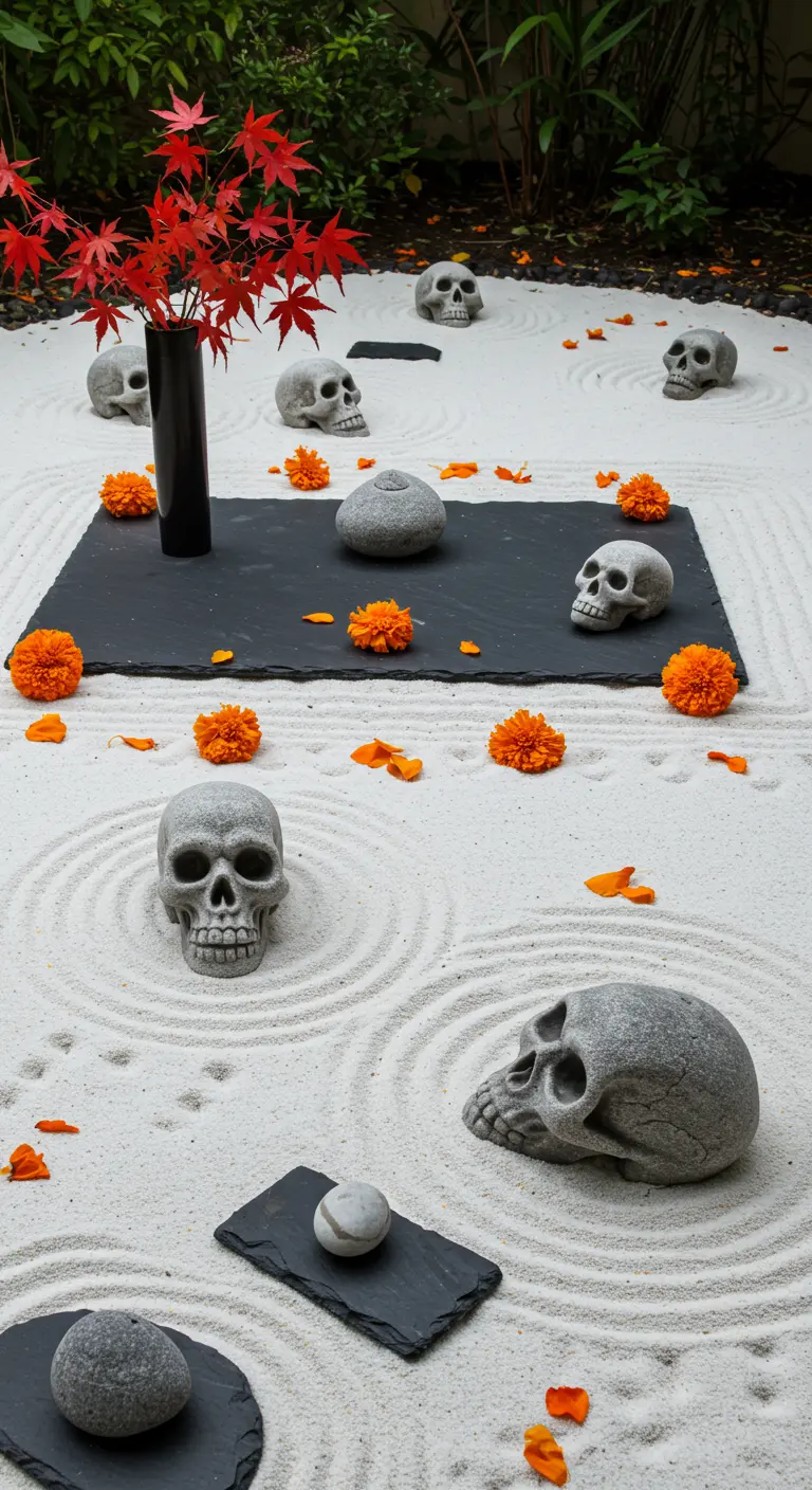 Jardín zen con arena blanca, calaveras de piedra y flores de cempasúchil.