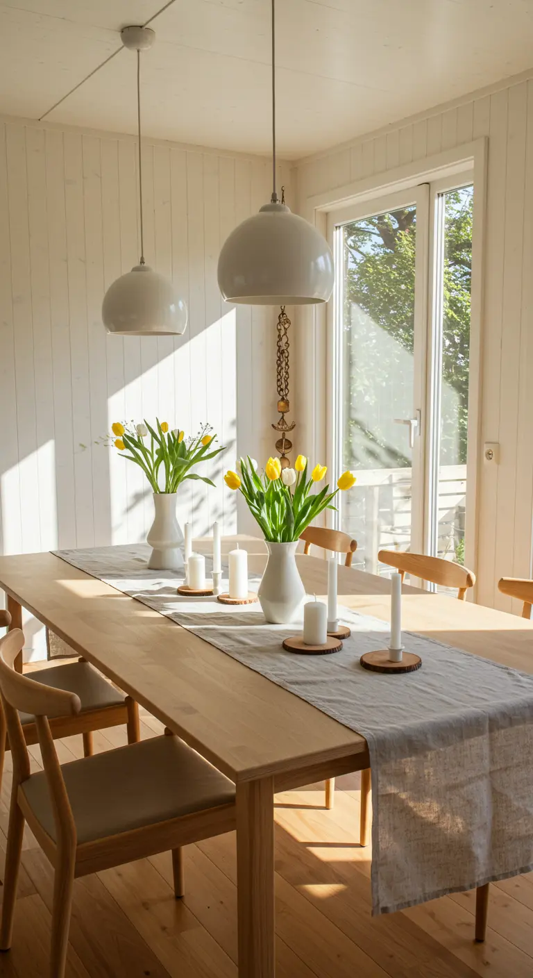 Comedor luminoso de estilo nórdico con tulipanes amarillos y velas blancas sobre un camino de lino.