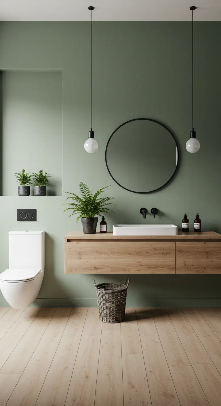 Baño minimalista de estilo nórdico con paredes verde salvia y mueble de madera clara.