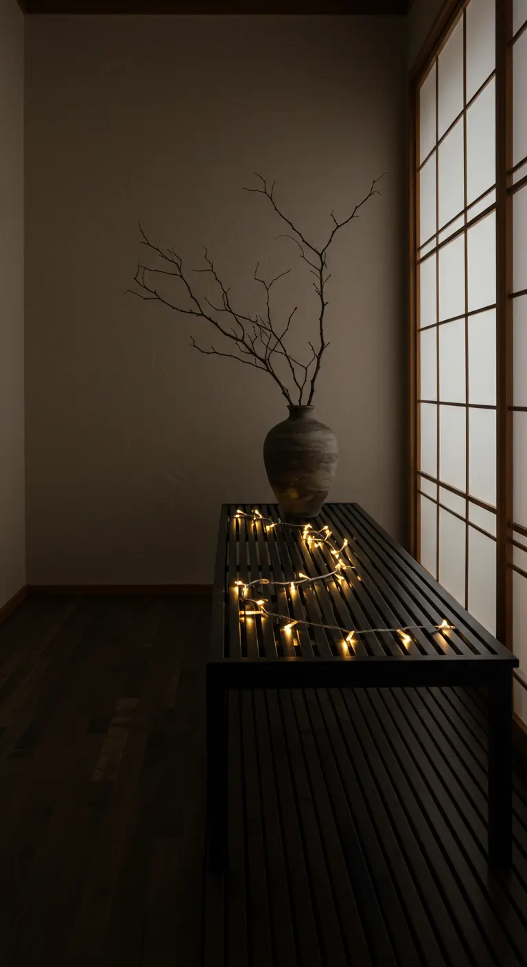 Recibidor minimalista de estilo japonés con una guirnalda de luces sobre un banco de madera oscura.