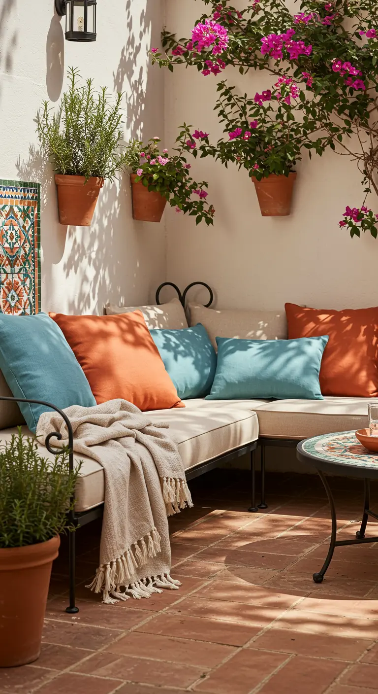 Patio mediterráneo con sofá de forja, cojines de colores y macetas de terracota.