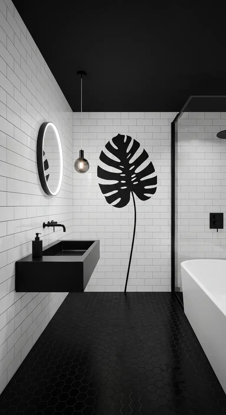Baño en blanco y negro con la silueta de una gran hoja de Monstera en una pared de azulejos.
