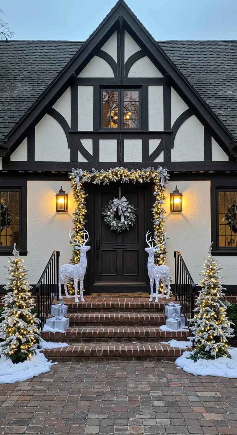 Casa de estilo Tudor con renos y árboles iluminados simétricamente a cada lado de la puerta.