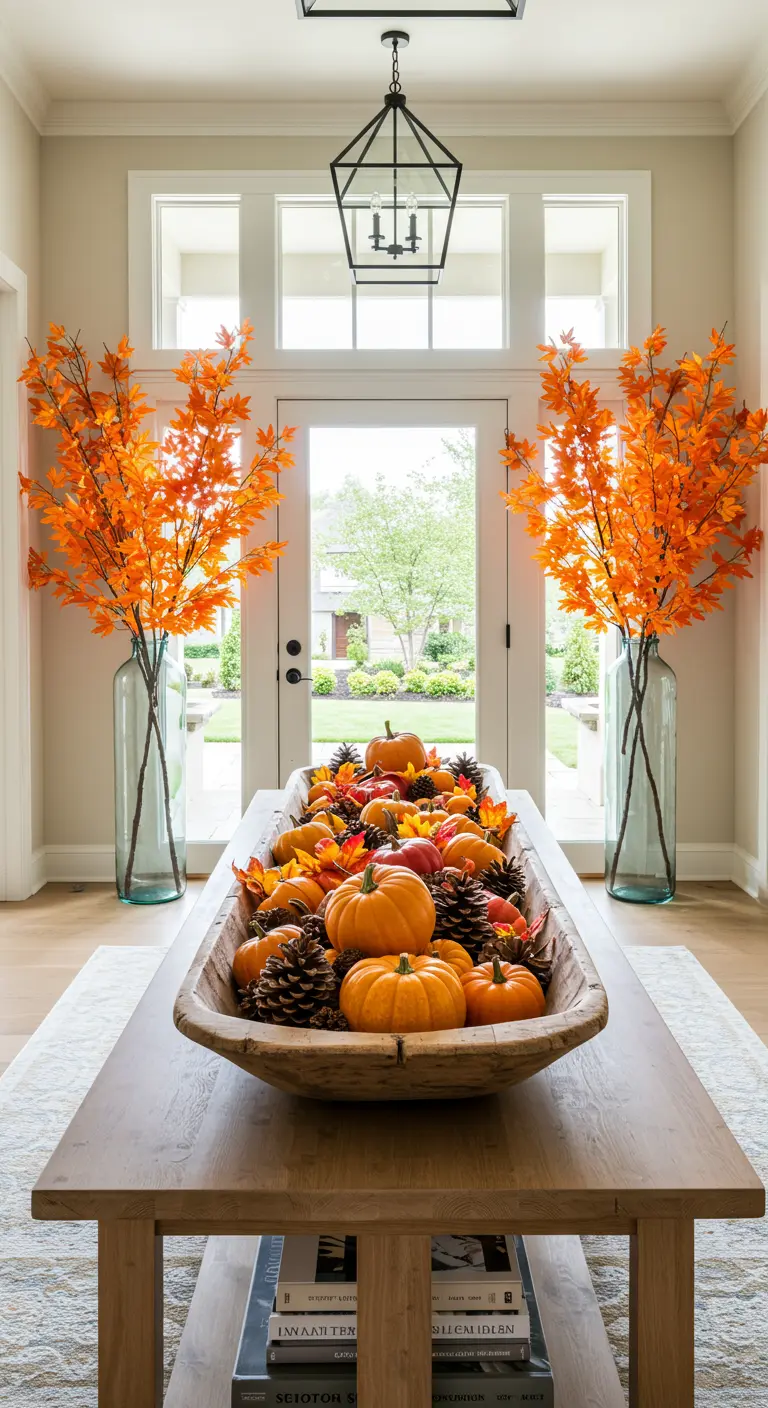Entrada simétrica con una mesa de madera central llena de calabazas y dos grandes jarrones con ramas naranjas.