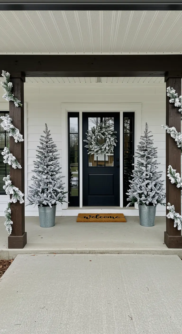 Porche de estilo farmhouse con árboles nevados en cubos y guirnaldas en las columnas.