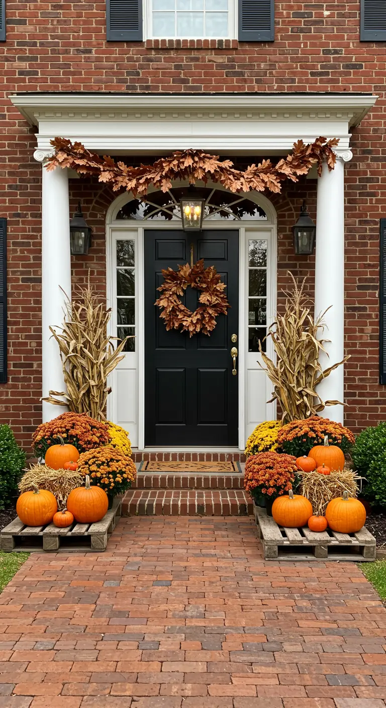 Entrada simétrica con dos palets, balas de heno, calabazas, crisantemos y tallos de maíz secos.