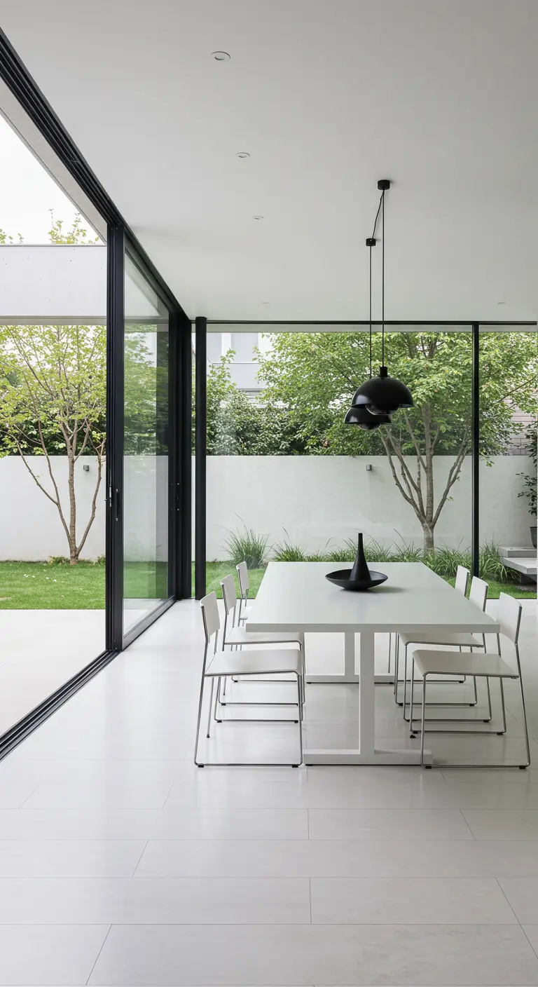 Comedor minimalista blanco con enormes paredes de cristal con marcos negros que dan a un jardín verde.