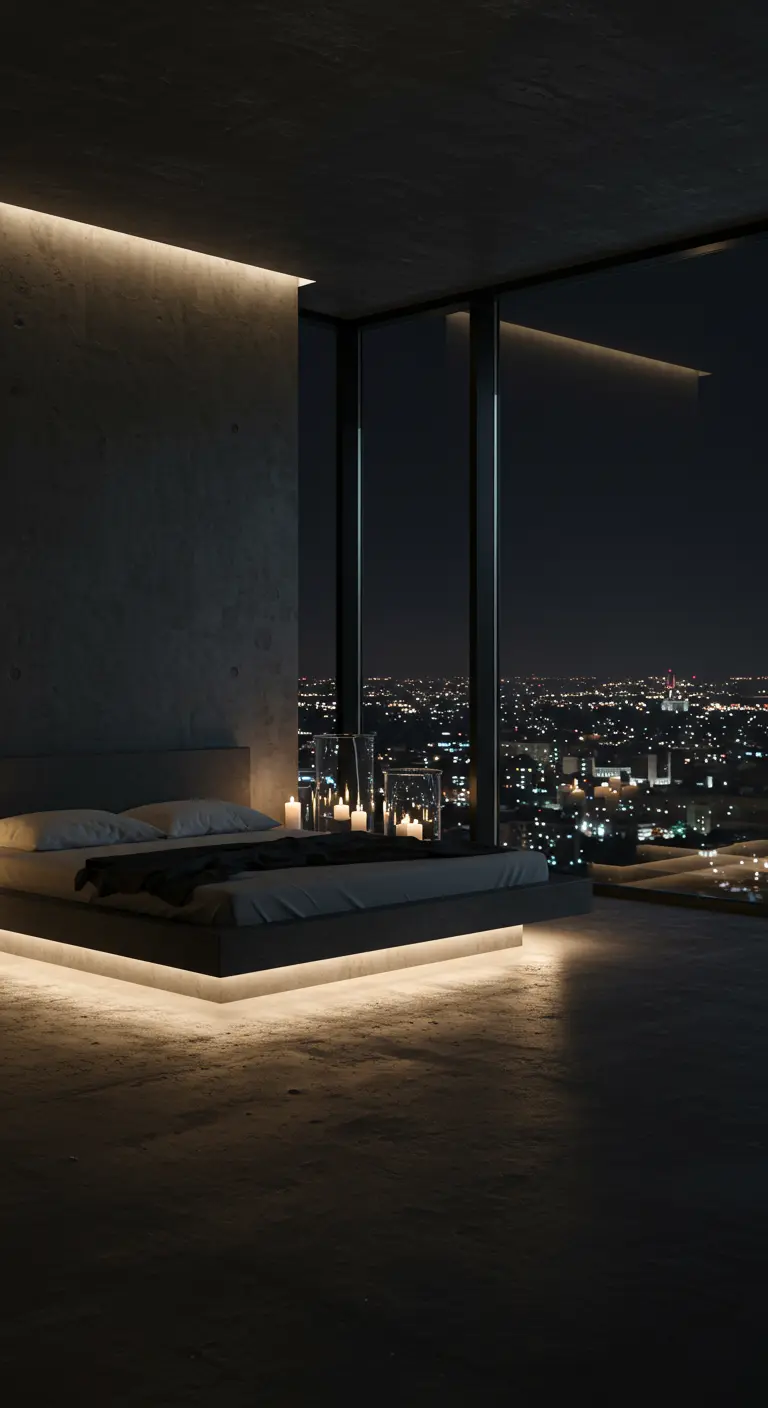 Dormitorio minimalista con cama flotante iluminada con LED y vistas a la ciudad de noche.