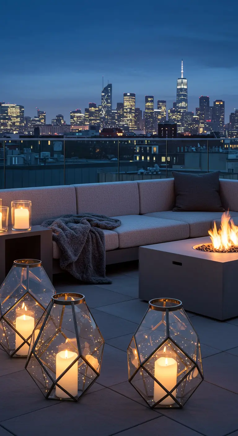 Terraza urbana con vistas a la ciudad, faroles de cristal geométricos y un sofá con manta.