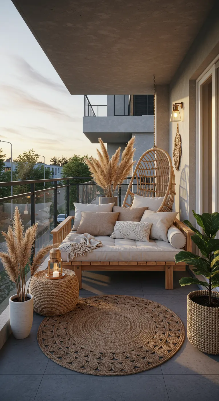 Acogedor balcón de estilo boho con sofá de palets y decoración natural
