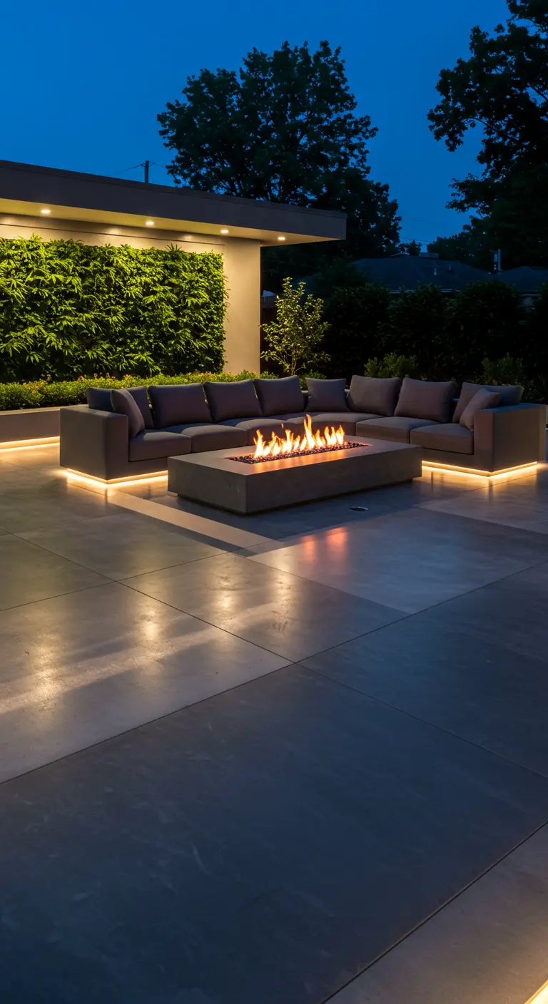 Patio moderno con un gran sofá esquinero iluminado por debajo con tiras LED cálidas y un brasero central